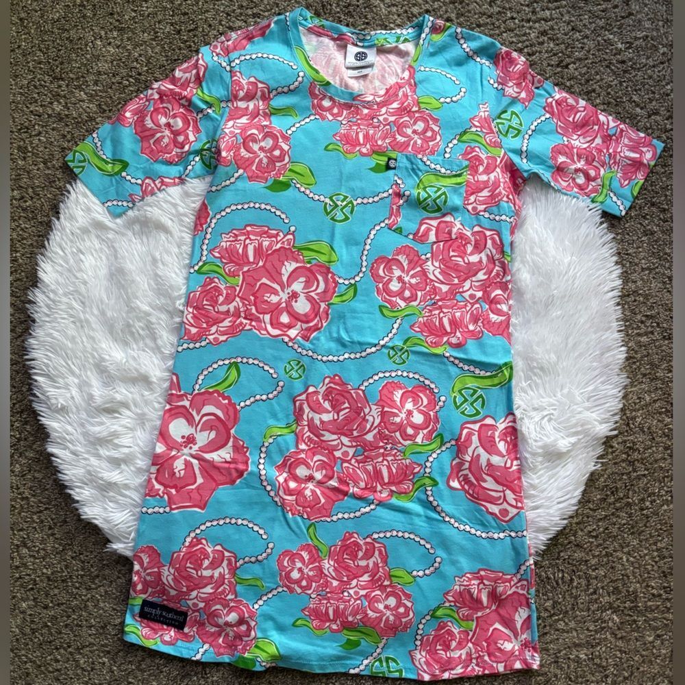 Simply Southern T-shirt Dress Floral Blue Pink Short Sleeves Lightweight XS